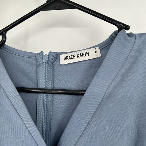 Grace Karin Size M Long Swiss Dot‎ Sleeves Surplice V Neck Midi Dress in Blue - Picture 3 of 5